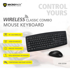 Micropack KM-203W Spill Resistant Wireless Keyboard and Mouse Combo - Arabic