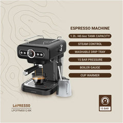 LePresso LP012 Retro 15 BAR Italian Pump Espresso Machine Gauge and Milk Steamer