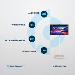 Powerology 32" Movable, Rotatable and Height Adjustable Google 4K Screen with 4K Camera - Brass